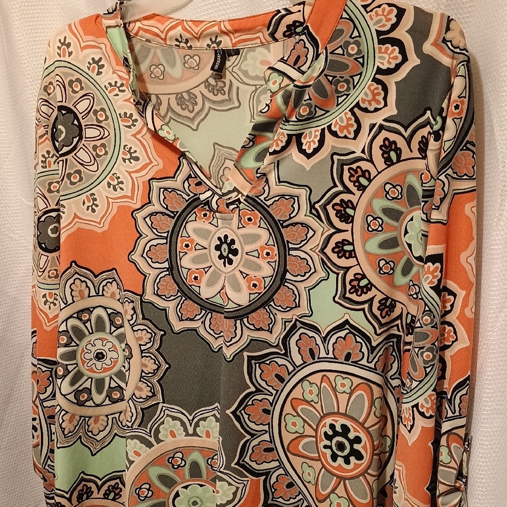 Orange and Gray Graphic Long Sleeve Blouse with Mandarin Collar